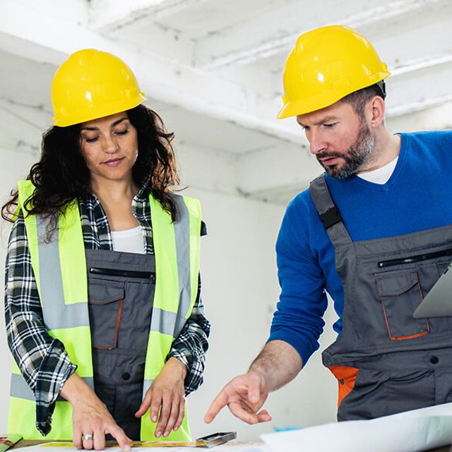 Woman and man studying building plans on a tablet in a building shell