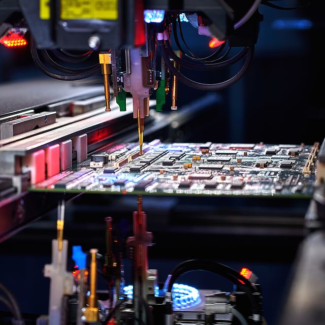 Robotic arm with IoT hardware assembles electronic components in a modern manufacturing environment.