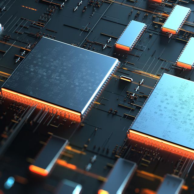 Close-up of a computer board for IoT hardware with silver and orange glowing microchips.