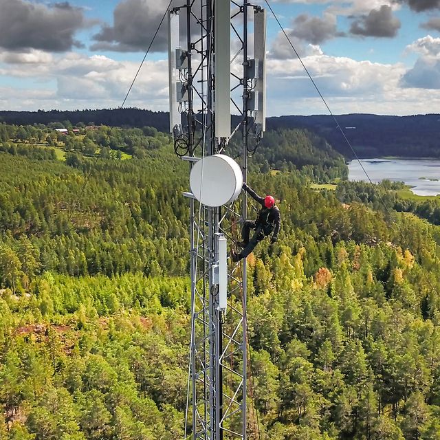 A technician on a radio mast with a forest and a lake in the background