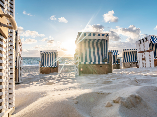 Strandkörbe auf Sand mit Meer und blauem Himmel im Hintergrund.