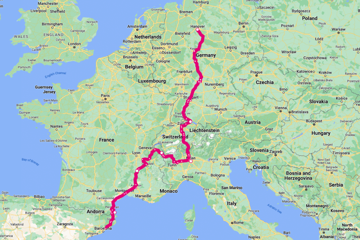 Karte von Google Maps mit der Route von Hannover nach Barcelona