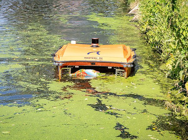 WasteShark from RanMarine collects plastic waste and algae from the surface of the water.