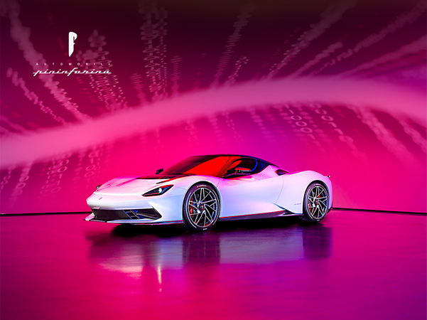The Battista super sports car by Pininfarina against a magenta background
