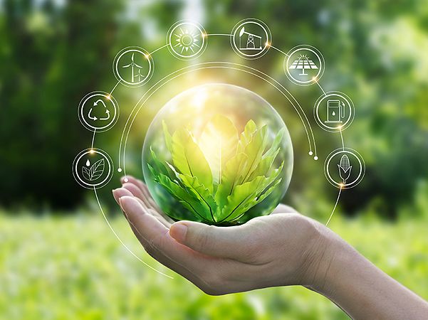 Stylised factory made from green leaves