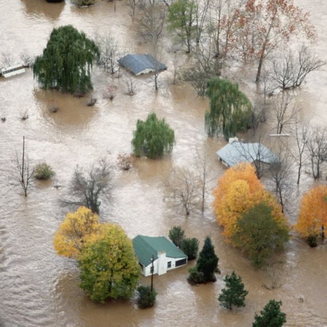 Bird’s-eye view of a hurricane-hit residential area