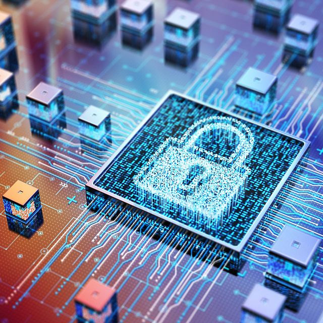 Abstract image of a hard drive with a lock formed from lines.