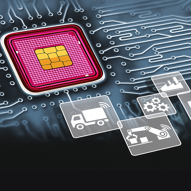 Magenta SIM chip with connected symbols representing logistics, industry, and automation.