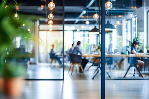 A view through a glass wall into a modern, bright open-plan office where several people are working at their desks.
