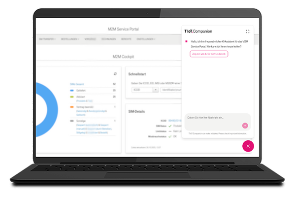 Screenshot vom Service Portal Dahsboard mit Chat Fenster des AI Assistants