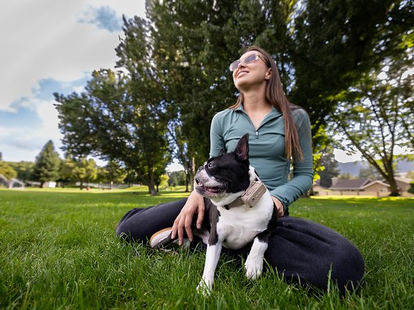 A woman is sitting on the grass, stroking her dog, which is wearing a collar.