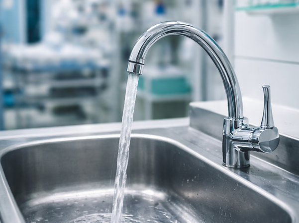 Wasser läuft aus einem Wasserhahn in ein Spülbecken.