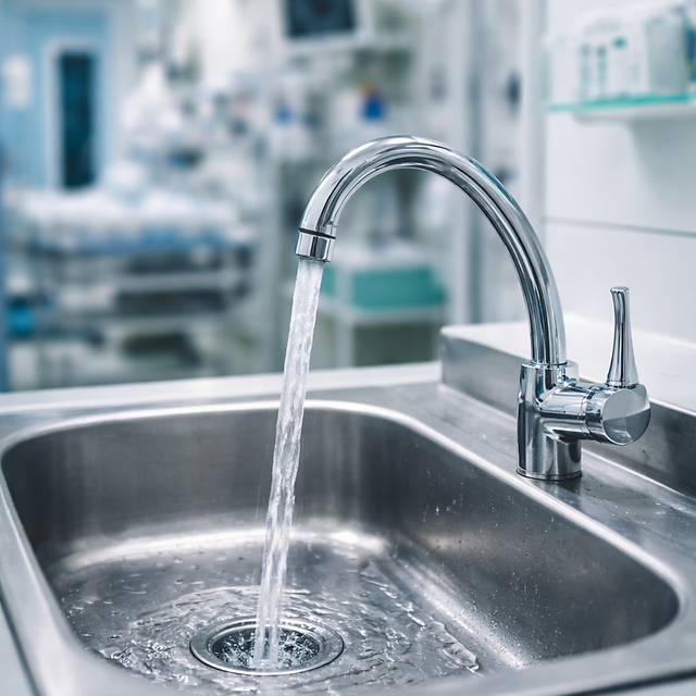 Wasser läuft aus einem Wasserhahn in ein Spülbecken.