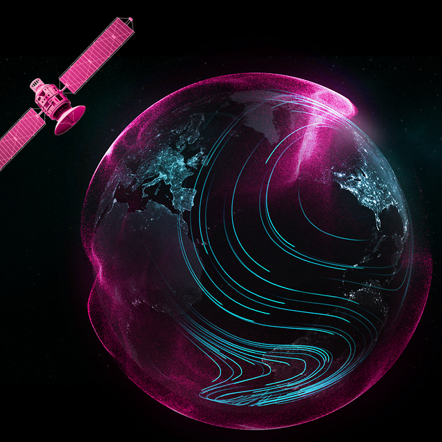 A satellite orbits the Earth, surrounded by pink and blue data streams for global IoT connectivity