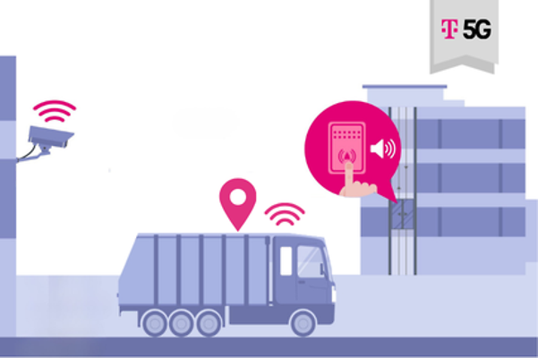 Stylized illustration showing various IoT use cases in an urban environment.