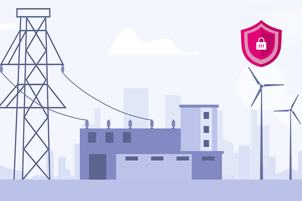 Illustration of an energy supply building with wind turbines and security symbol for leased line.