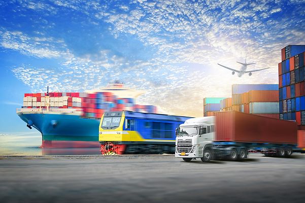 Photomontage: A container ship, a freight train, a truck and an airplane in front of a container port