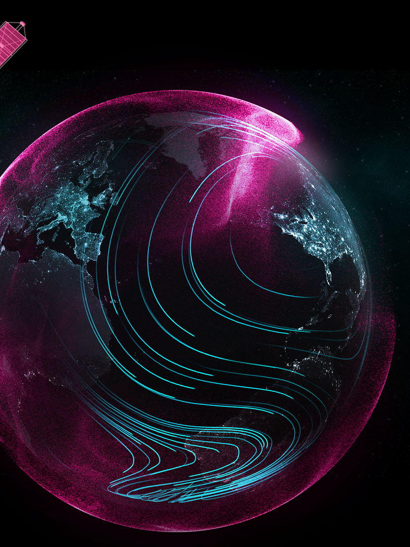 A satellite orbits the Earth, surrounded by pink and blue data streams for global IoT connectivity