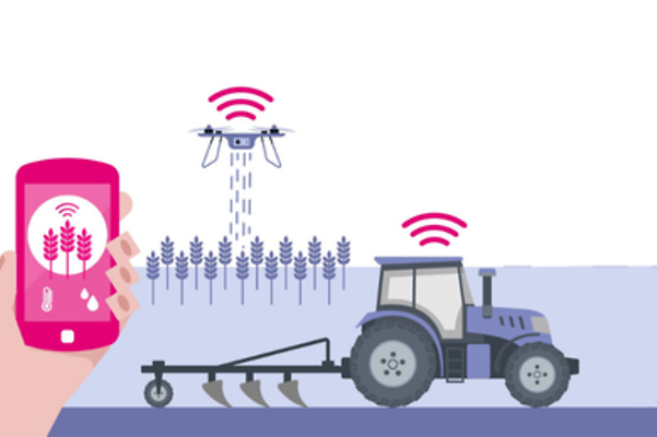 Stylized illustration of a tractor and a drone using IoT applications in agricultural operations.