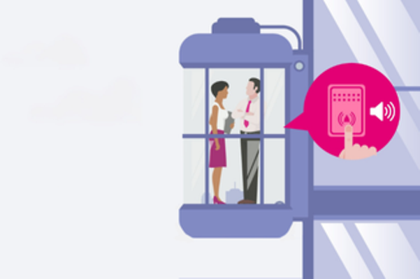 Stylized illustration of two people in an elevator using IoT functionality.