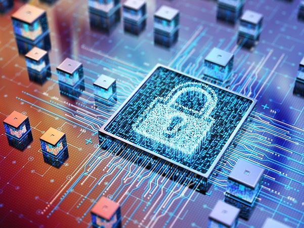 Symbolic image of a digital circuit board with a glowing padlock representing cybersecurity.