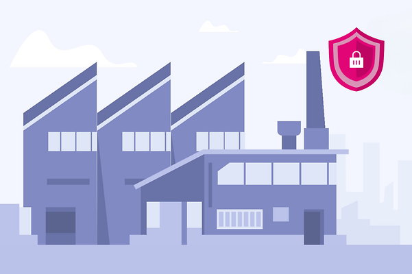 Illustration of a factory with IoT security symbol for IPsec encryption.
