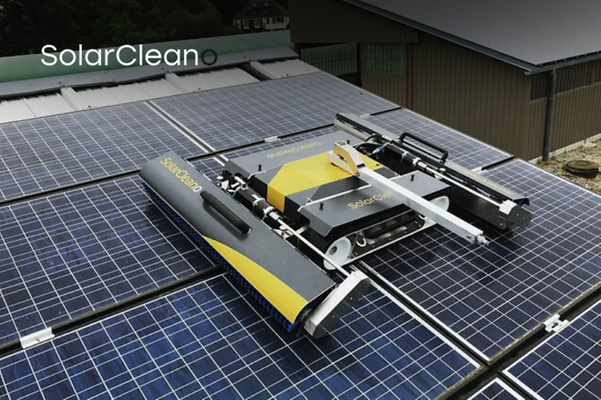 Cleaning robot from SolarClean on a solar panel