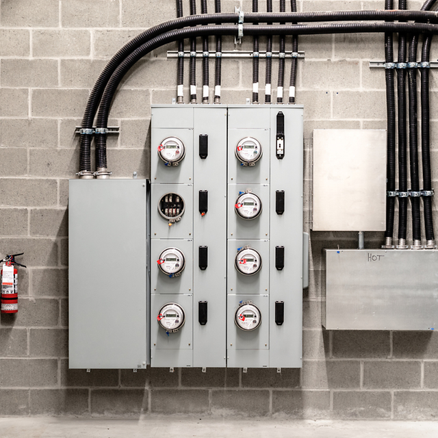 A distribution box with several electricity meters on a concrete wall.