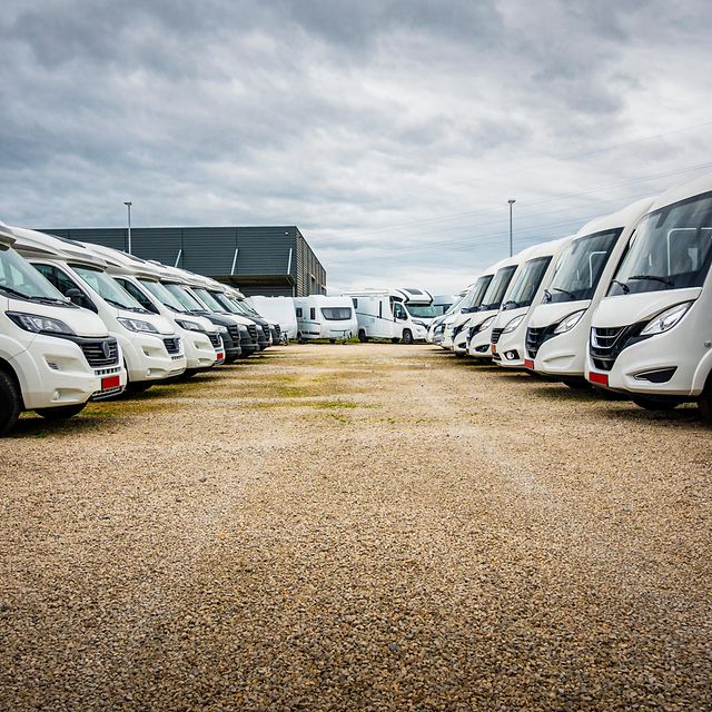 Motorhomes waiting to be loaded.