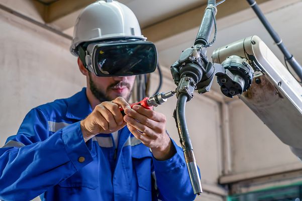 En ingenjör med VR-headset som arbetar vid en maskin.