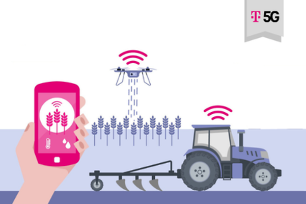 Ilustración estilizada que muestra diversos dispositivos de IoT en un entorno agrícola.