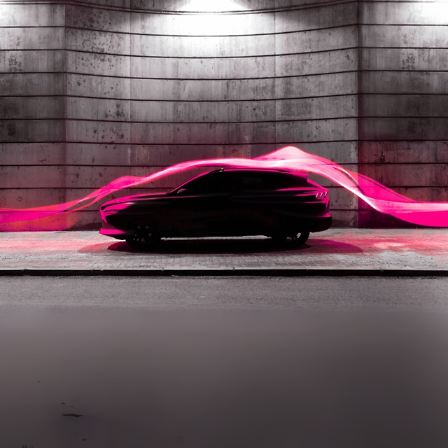 Un coche moderno iluminado por estelas de luz magenta que simbolizan la conectividad digital.