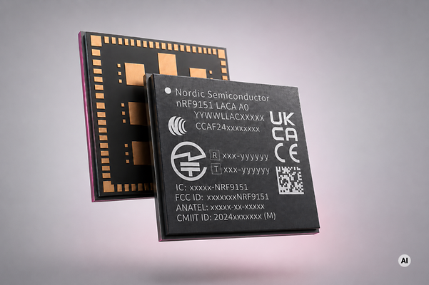 Nordic nRF9151 Funkmodul mit Vorder- und Rückseite