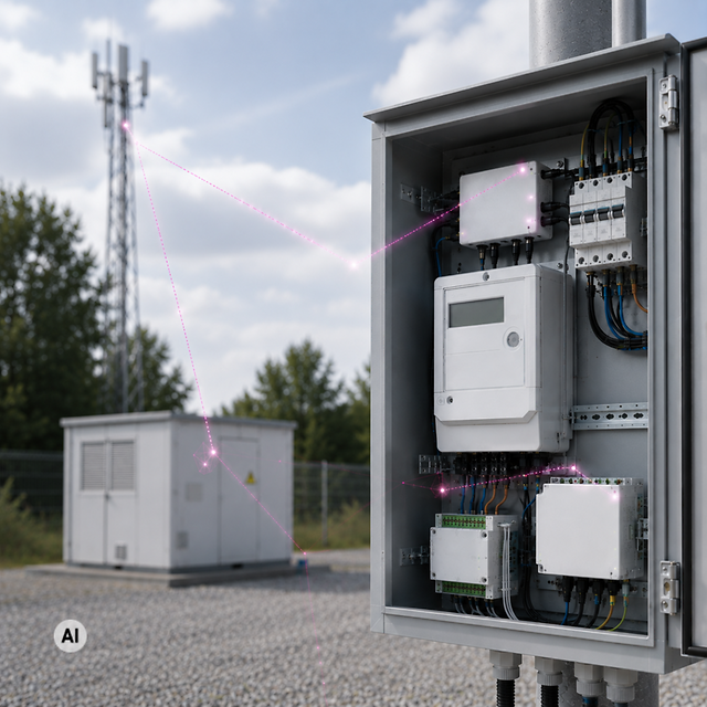 Geöffneter Schaltschrank mit Smart-Meter-Gateway und vernetzten Komponenten vor Funkmast und Energieinfrastruktur.