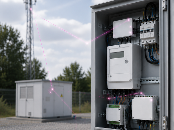 Open switch cabinet with Smart-Meter-Gateway and networked components in front of a cell tower and energy infrastructure.
