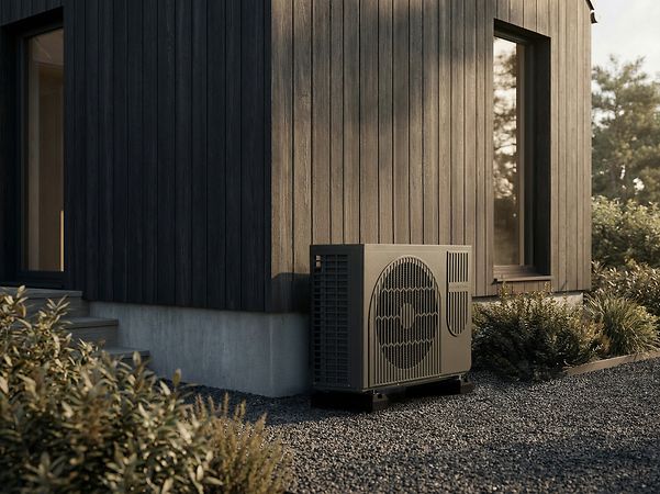 Außeneinheit einer Luft-Wasser-Wärmepumpe neben einem modernen Wohnhaus mit Holzfassade.