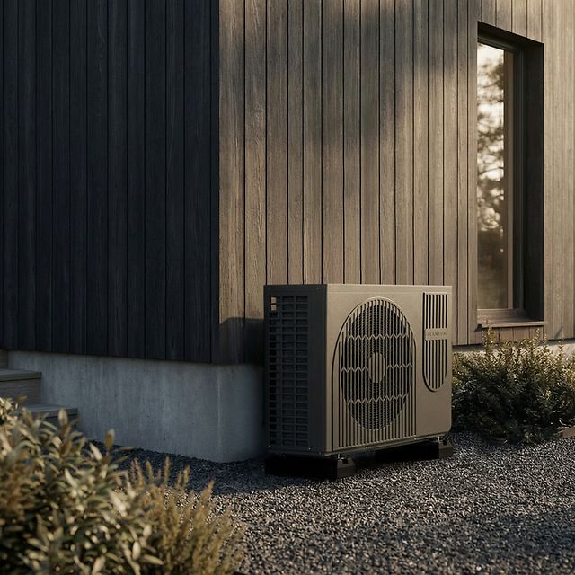 An outdoor unit of an air-to-water heat pump next to a modern residential building with a timber façade.