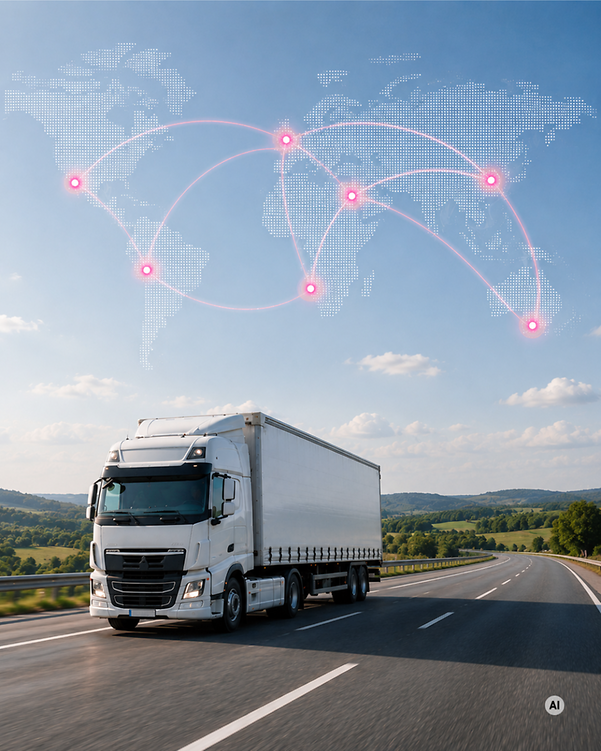 A lorry on a motorway, featuring a digital world map and connected locations for global IoT connectivity.