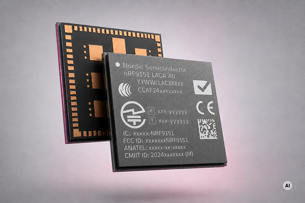 Módulo inalámbrico nRF9151 de Nordic, en el que se aprecian la parte delantera y la trasera