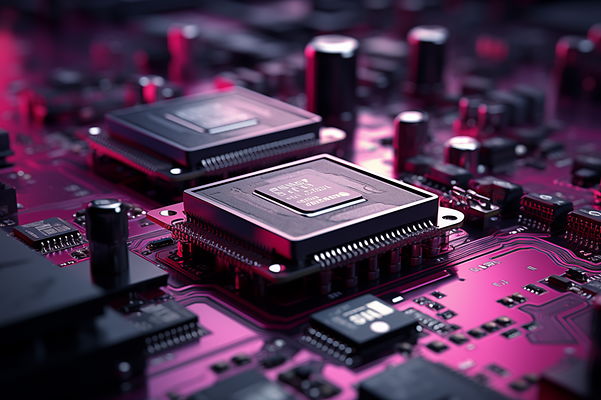 Beleuchtete Nahaufnahme einer Computerplatine mit zwei zentralen Mikrochips.