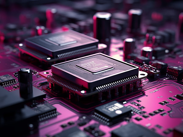 Beleuchtete Nahaufnahme einer Computerplatine mit zwei zentralen Mikrochips.