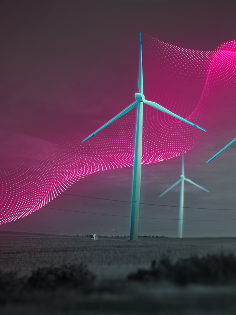 Windräder mit abstraktem Schleier, der ein Netz darstellt, in magenta Farben.