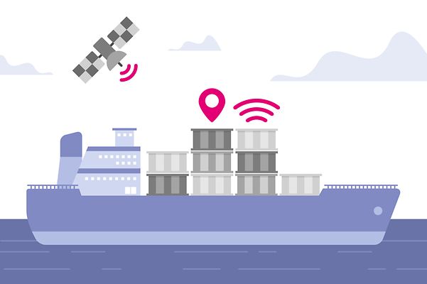 Stilisierte Grafik zeigt mittels Satellite IoT getrackte Container auf einem Containerschiff.