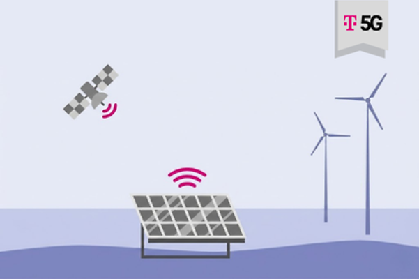 Stilisierte Grafik zeigt mittels Satellite IoT vernetzten Solarpark.
