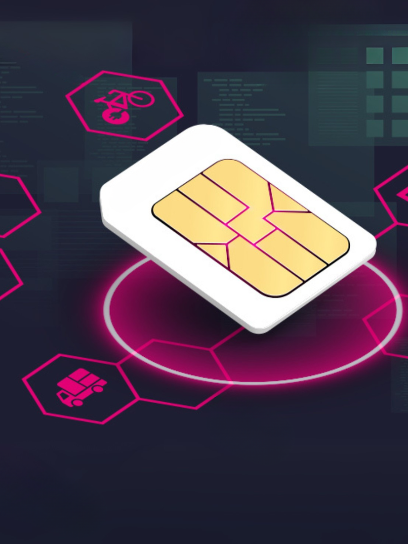 IoT SIM Karte mit abstrakten Linien und verschiedenen Icons.