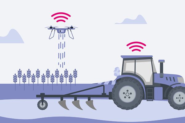 Stilisierte Grafik von einem Traktor und einer Drohne, die im landwirtschaftlichen Betrieb IoT-Anwendungen nutzen.