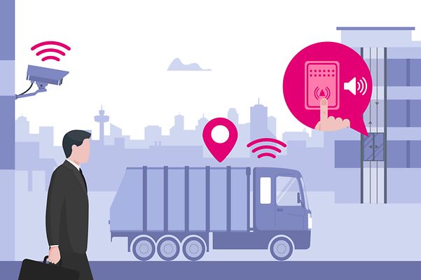 Stilisierte Grafik, die verschiedene IoT Use Cases in einer einer urbanen Umgebung darstellt.