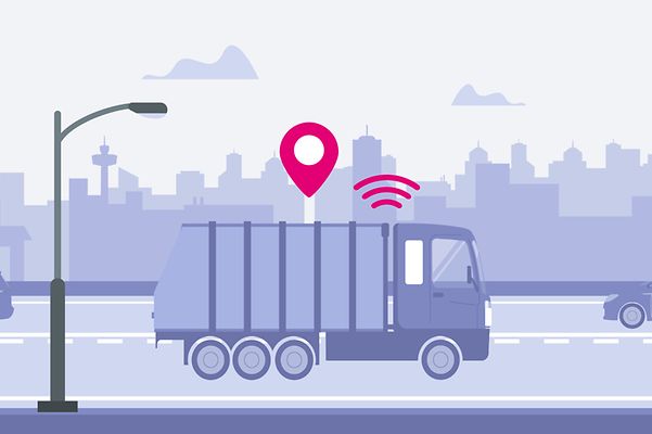 Stilisierte Grafik von zwei Personen im Aufzug, die IoT Funktionalität nutzen