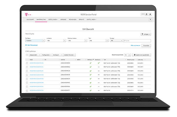 Laptopbildschirm zeigt Übersicht zum SIM Management im M2M Service Portal