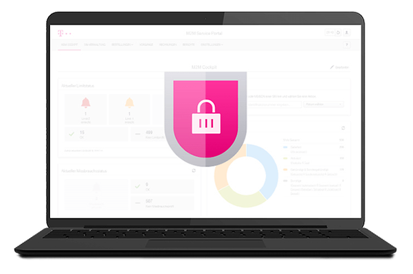 Laptopbildschirm zeigt Icon mit Schloss für sichere Verbindung im M2M Service Portal